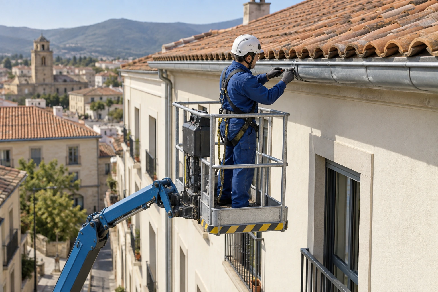 Mantenimiento de canalón en altura desde plataforma elevadora