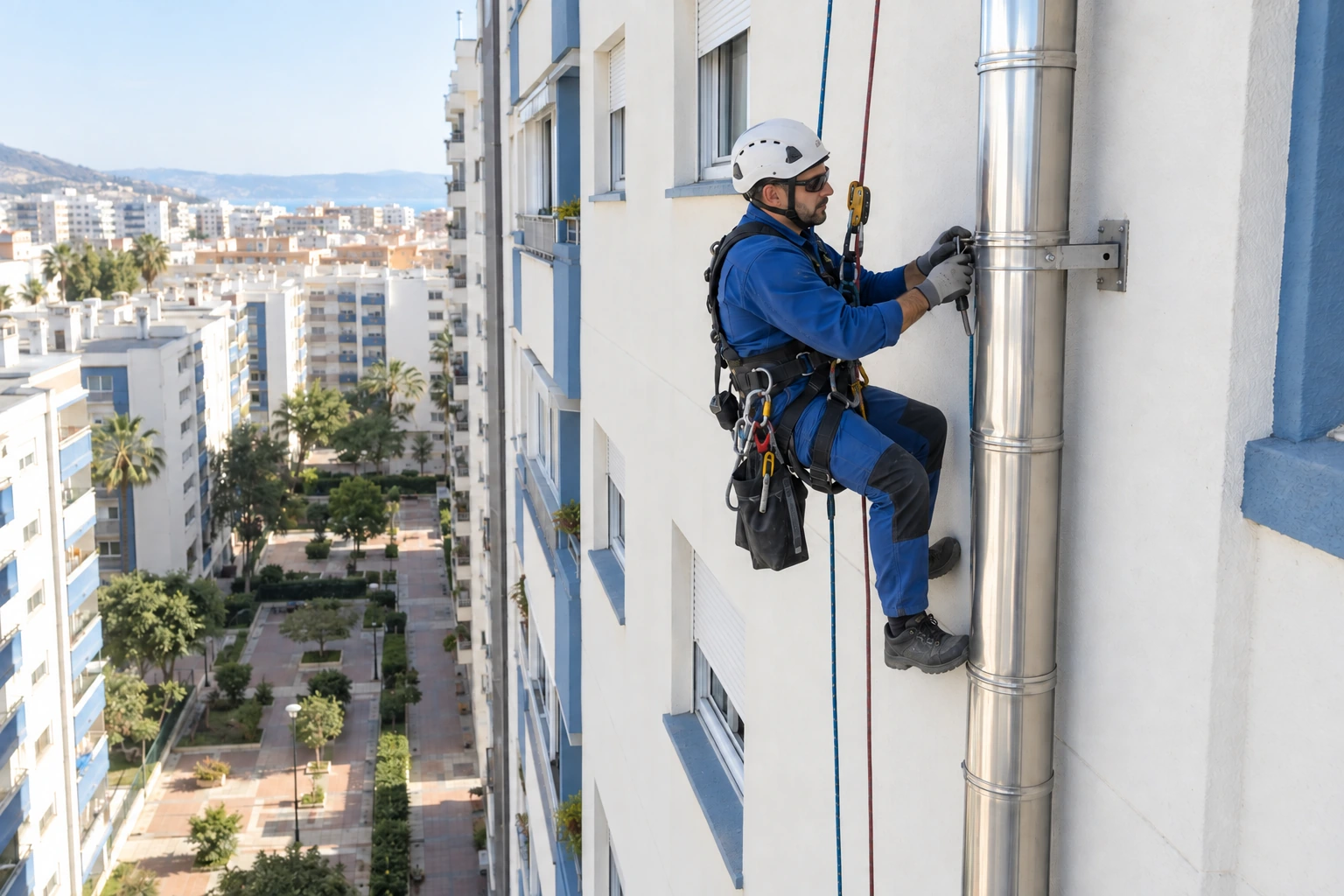 técnico suspendido con cuerdas trabajando en un conducto exterior a varias plantas de altura