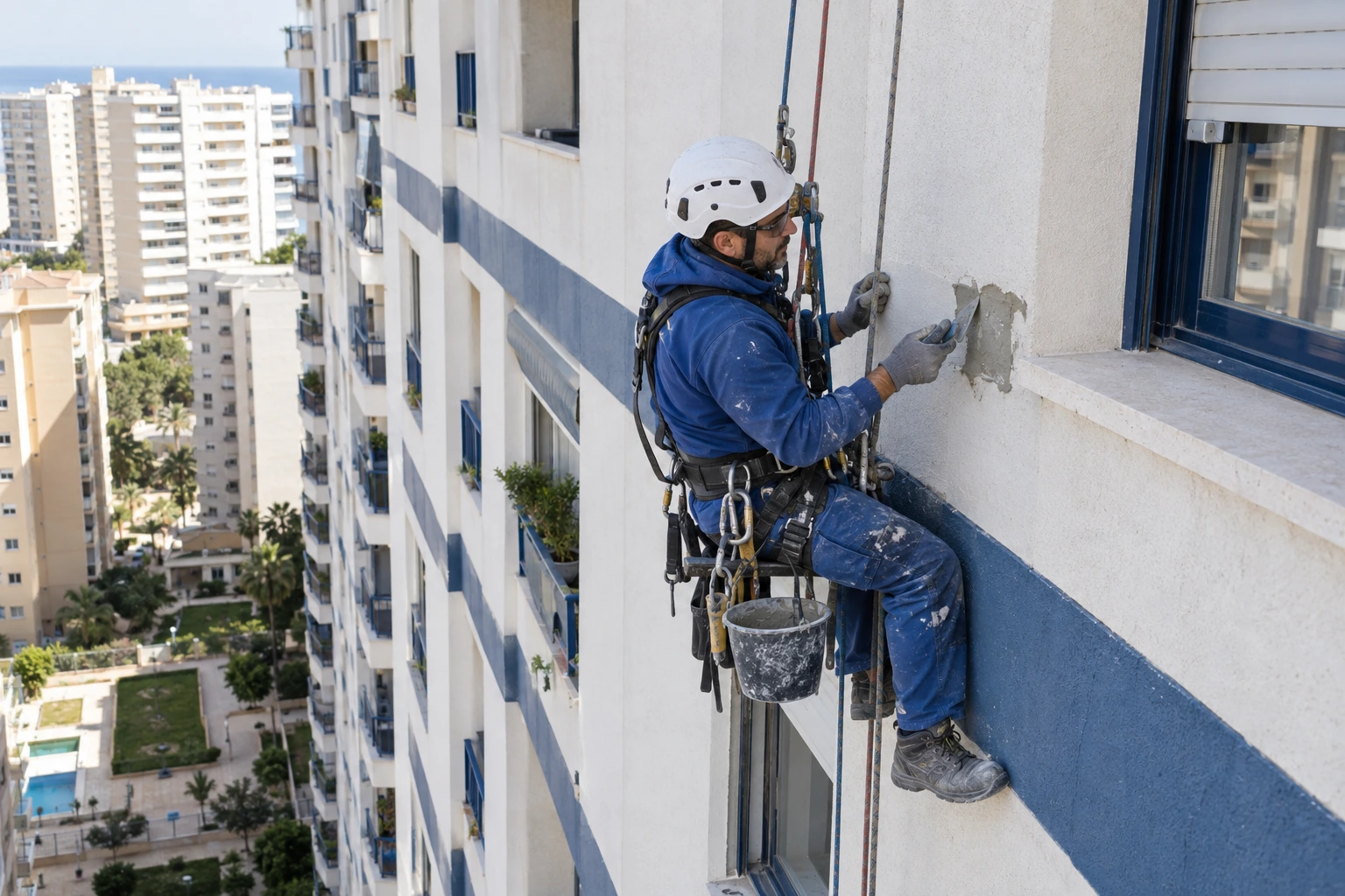 técnico con cuerdas reparando revestimiento a varias plantas de altura